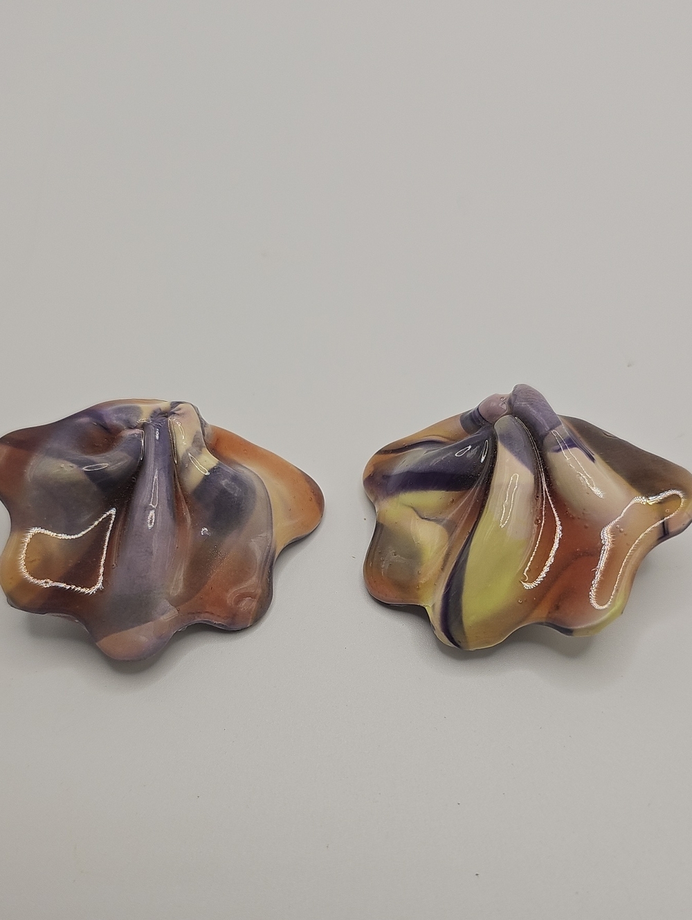 Handmade Marbled Shell Clip Earrings in Purple, Yellow & Brown.